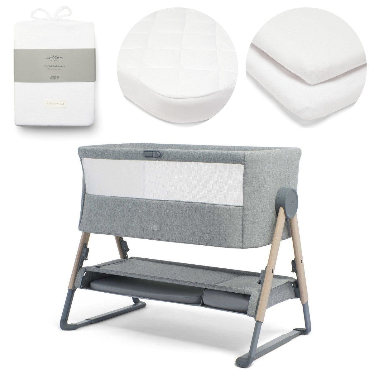 Mamas & Papas Lua Bedside Crib & Mattress Protector Bundle, Grey