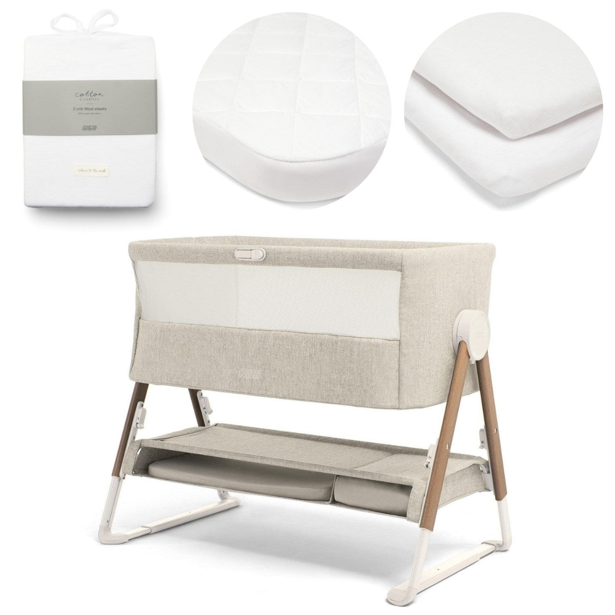 Mamas & Papas Lua Bedside Crib & Mattress Protector Bundle, Fawn