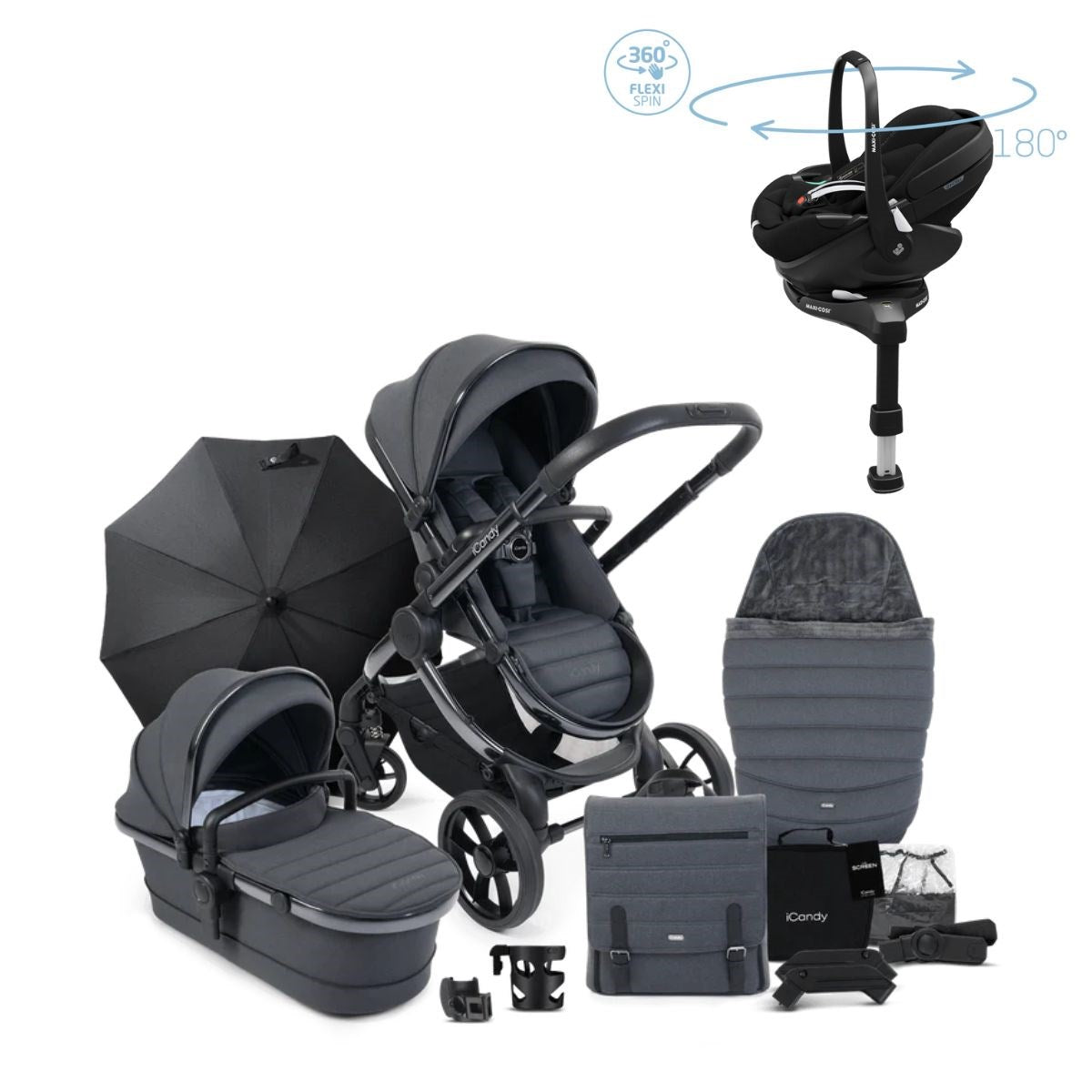 iCandy Peach 7 Luxury Travel System, Maxi-Cosi Pebble 360 Pro² Car Seat & Base, Dark Grey