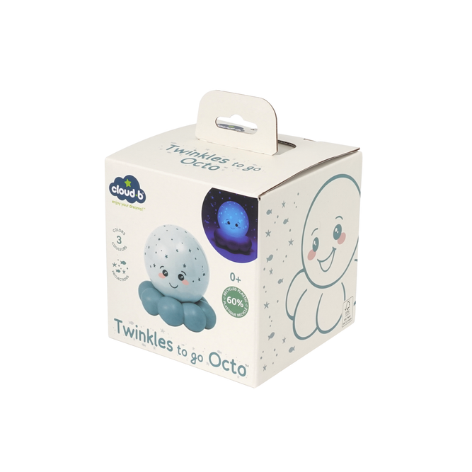 Box packaging of a plush toy with 'Twinkles to go Octo' branding on a white background