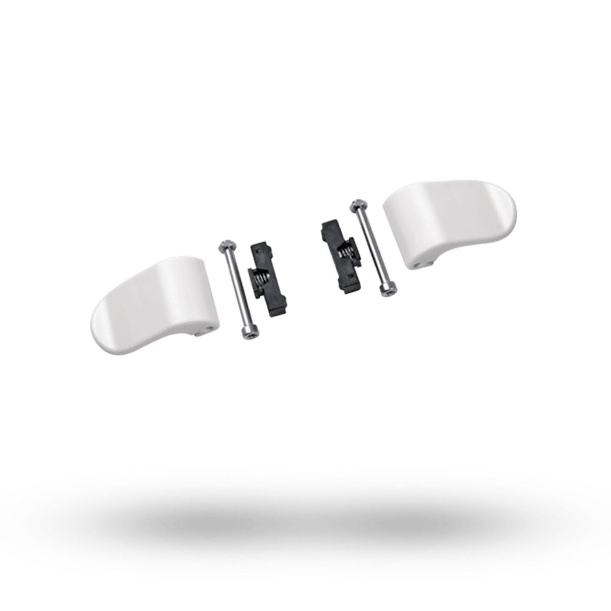 A set of white curved protective ear covers with silver metal screws and black mounting hardware, shown floating against a solid white background with a soft shadow underneath.
