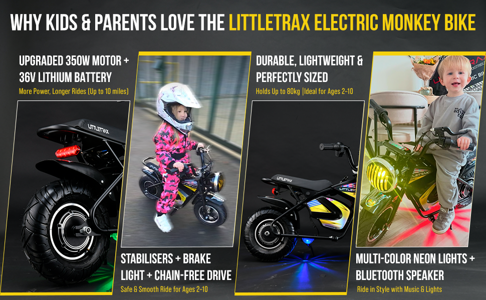 Littletrax 350W Kids Electric Bike – Ages 3 to 12+ ride on mini monkey bike - 3 speed, Bluetooth music, horn, lights, 36v