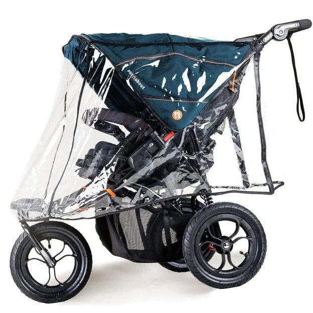 Baby stroller with a clear rain cover on a white background