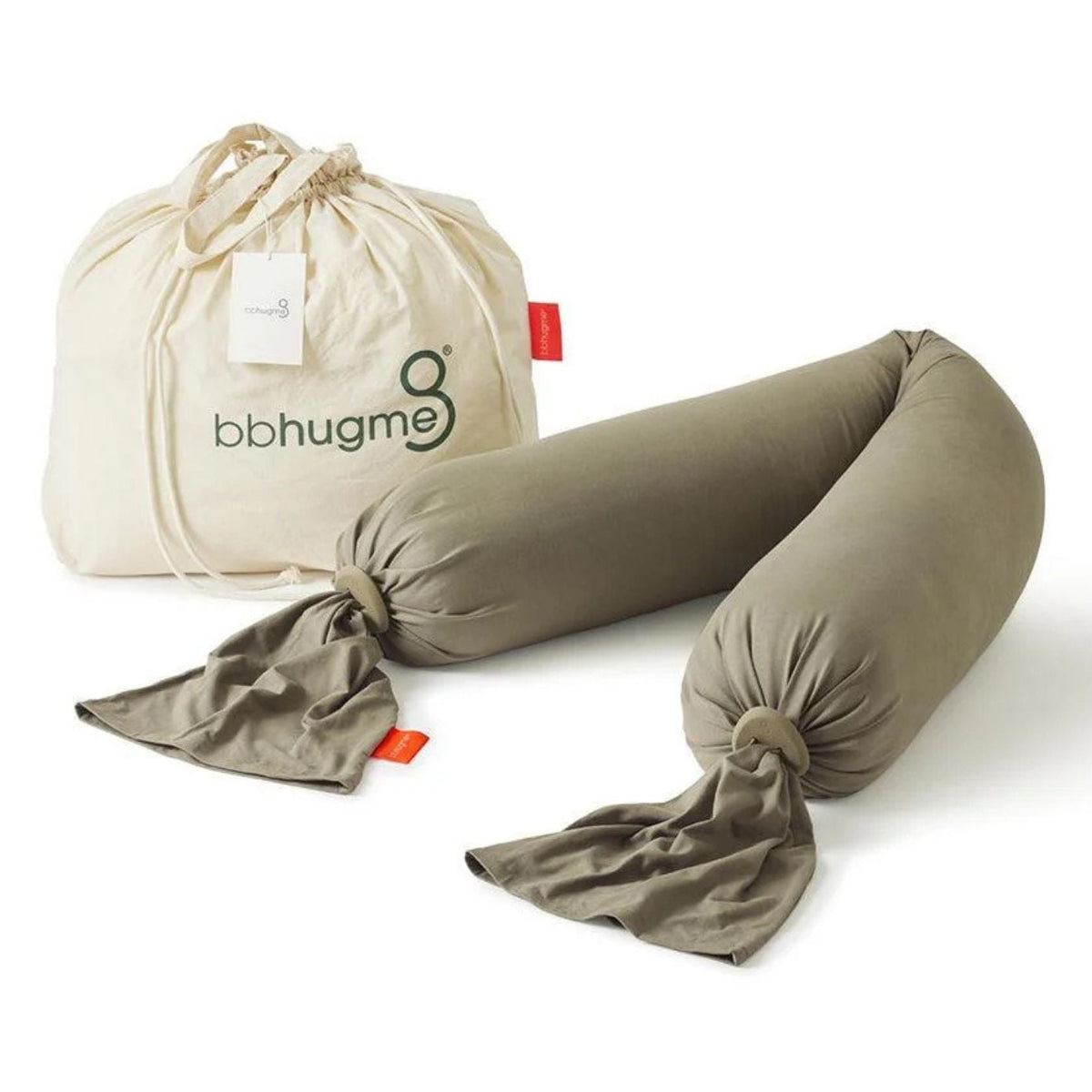 Beige body pillow with drawstring bag on a white background
