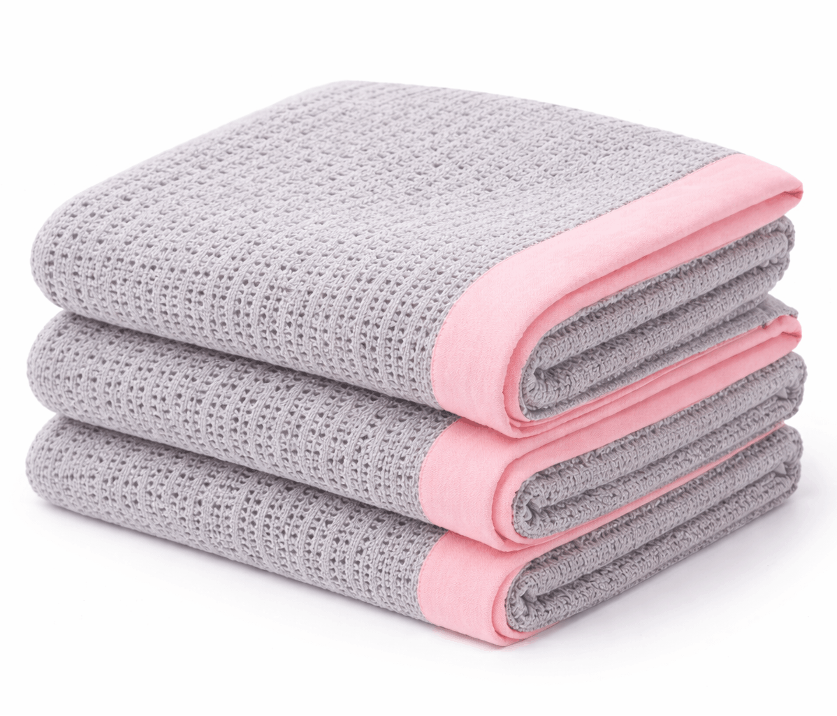 Stack of gray textured towels with pink edges on a white background
