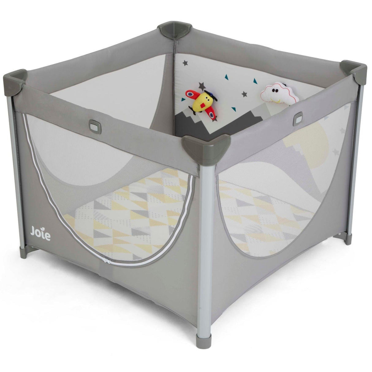 A Jole brand baby playpen in gray, featuring a gray frame, semi-transparent mesh sides, a patterned floor mat, and a small plush toy inside, shown on a white background.