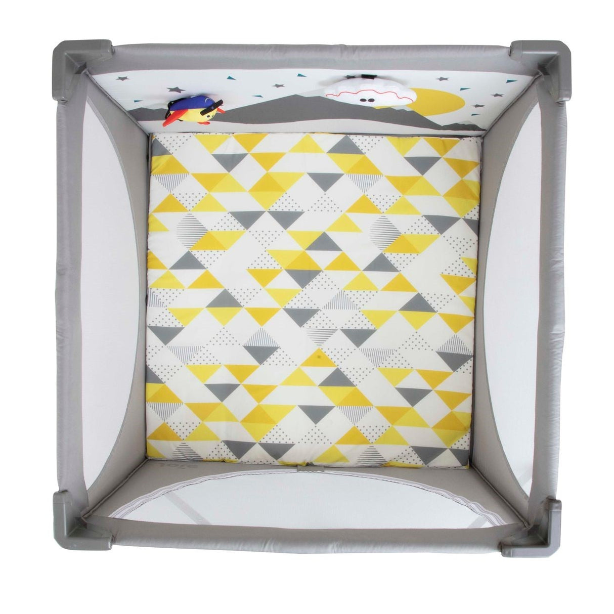 A baby playpen with a gray frame and mesh sides, featuring a yellow, white, and gray geometric triangle patterned floor mat.