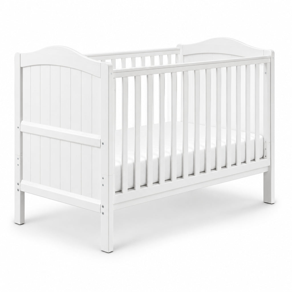 White wooden convertible crib with a slatted side and arched headboard, shown on a plain white background.