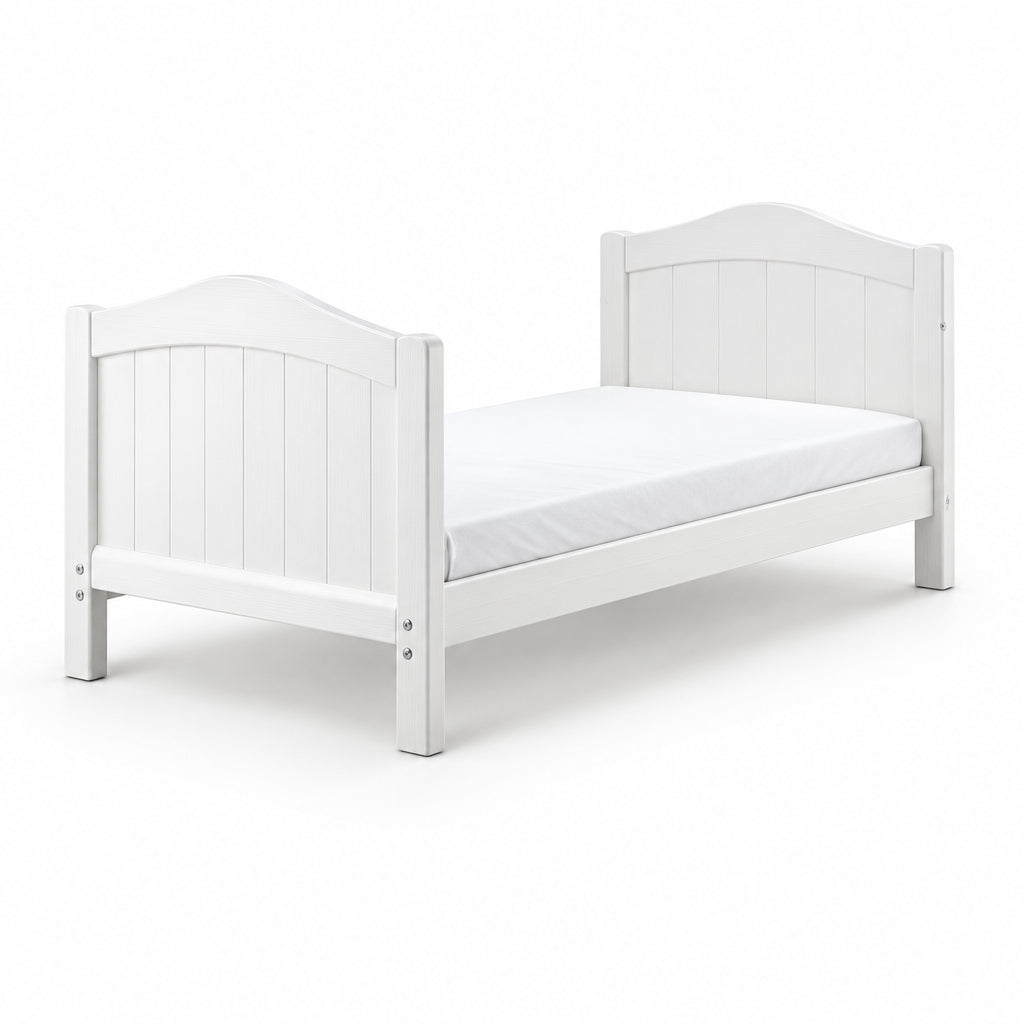 A white wooden toddler bed with a slatted headboard and footboard, shown from a three-quarters angle on a white background.