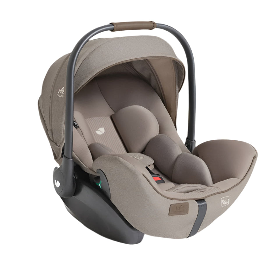 Beige baby car seat with black frame on a white background