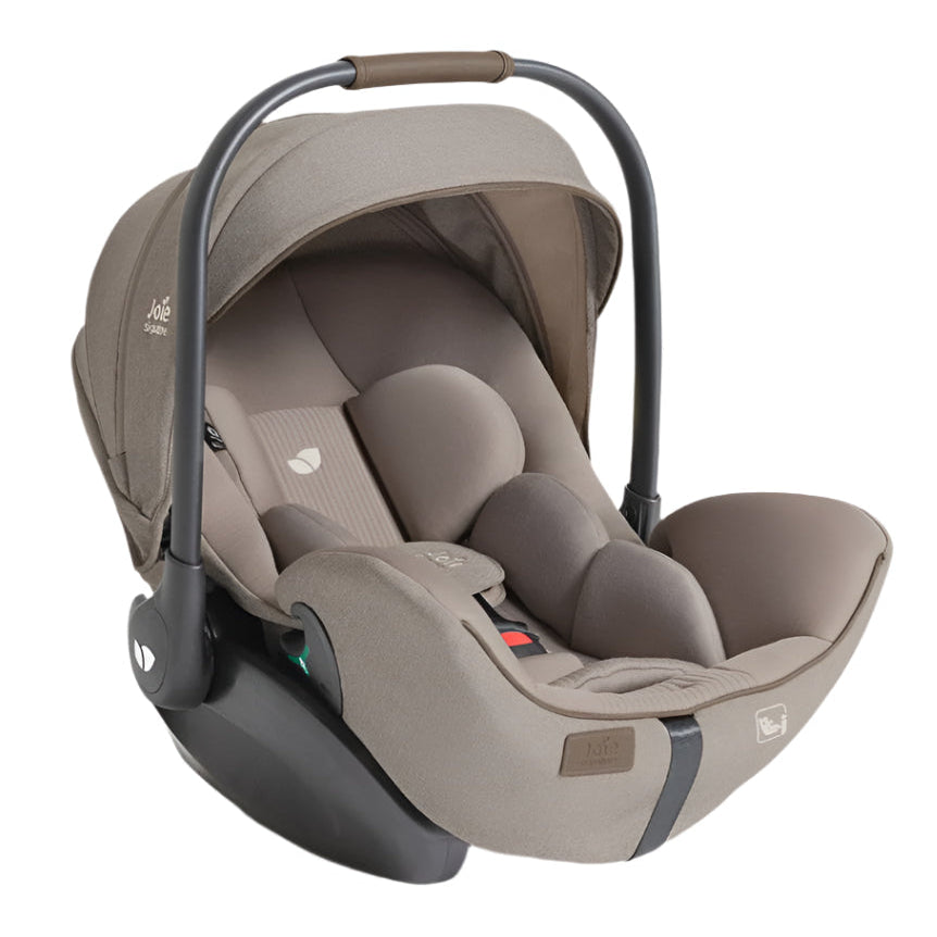 Beige baby car seat with black frame on a white background