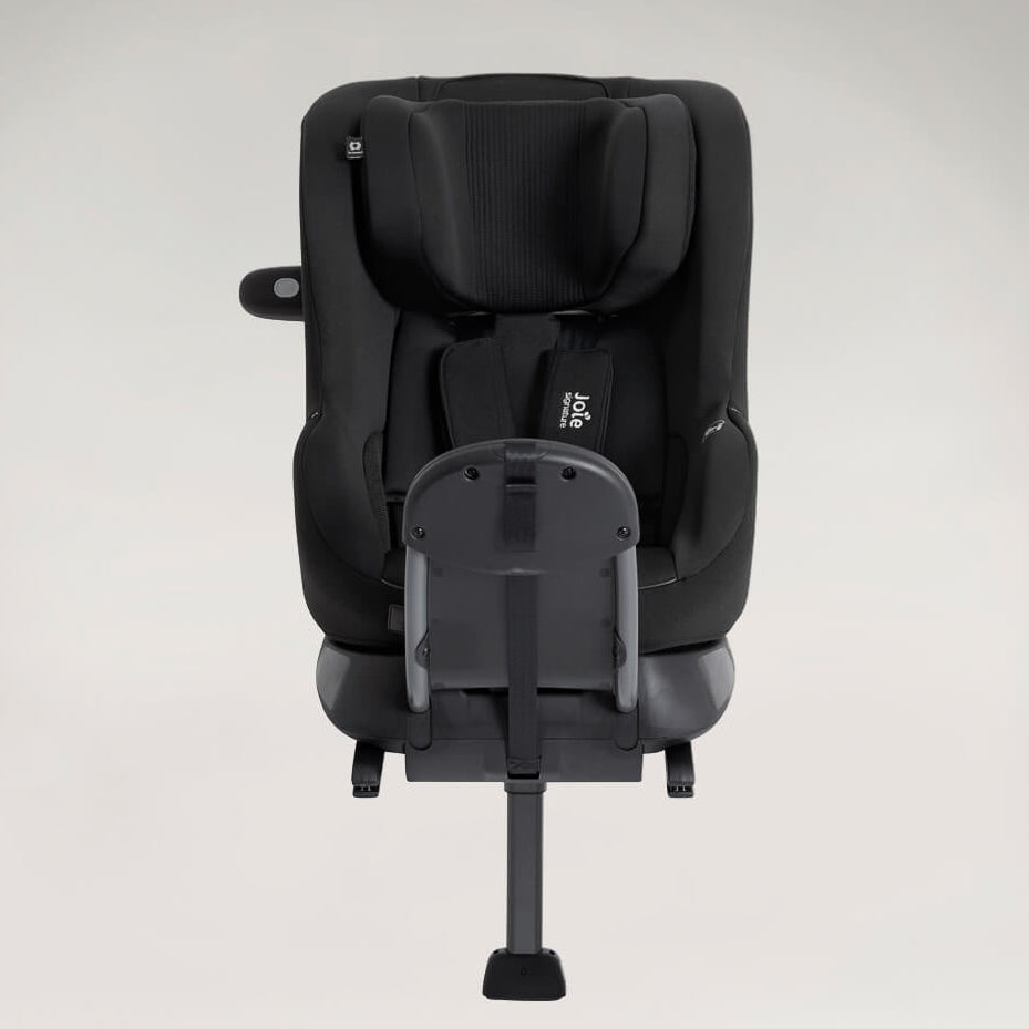 Black child safety seat on a gray background