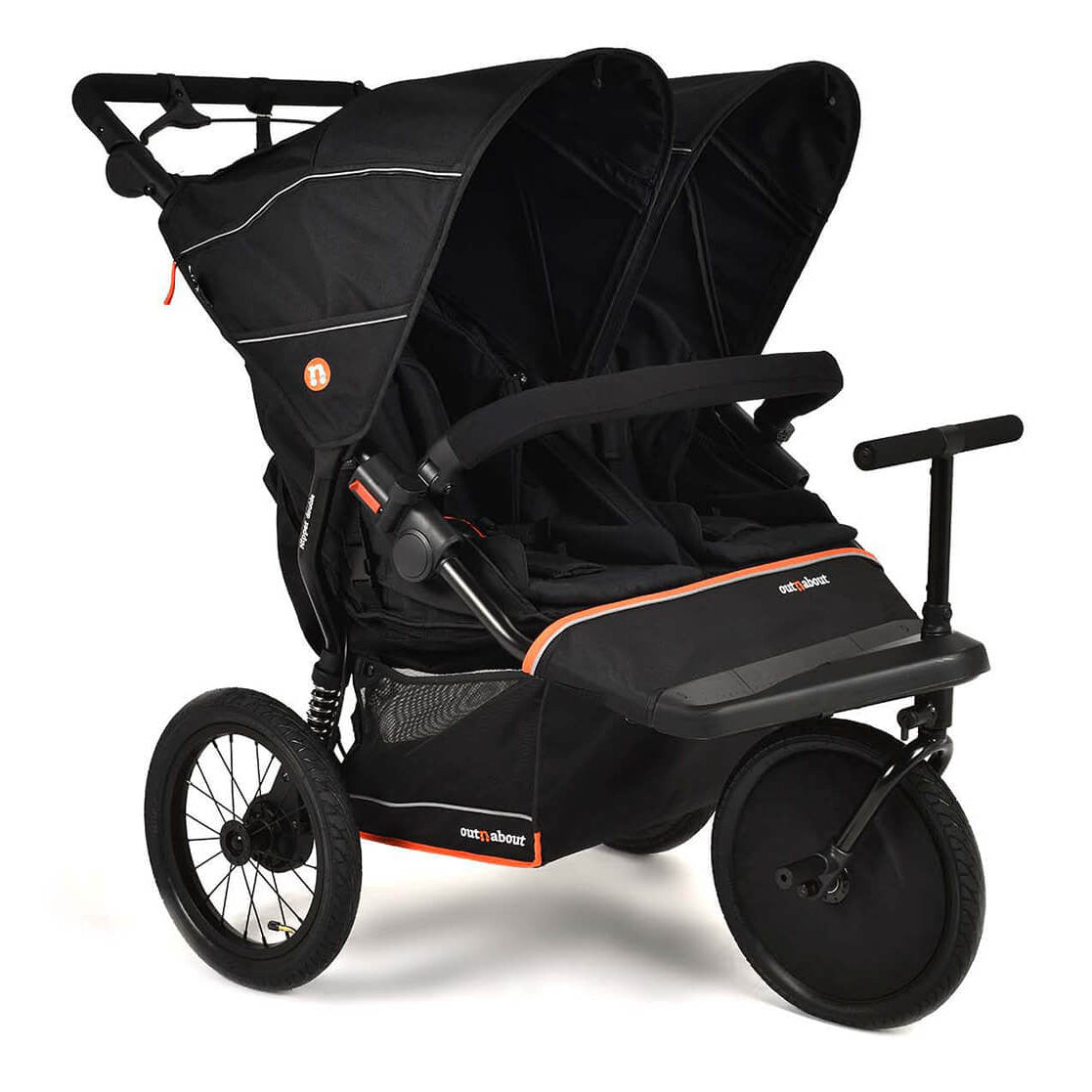 Black double stroller with orange accents on a white background