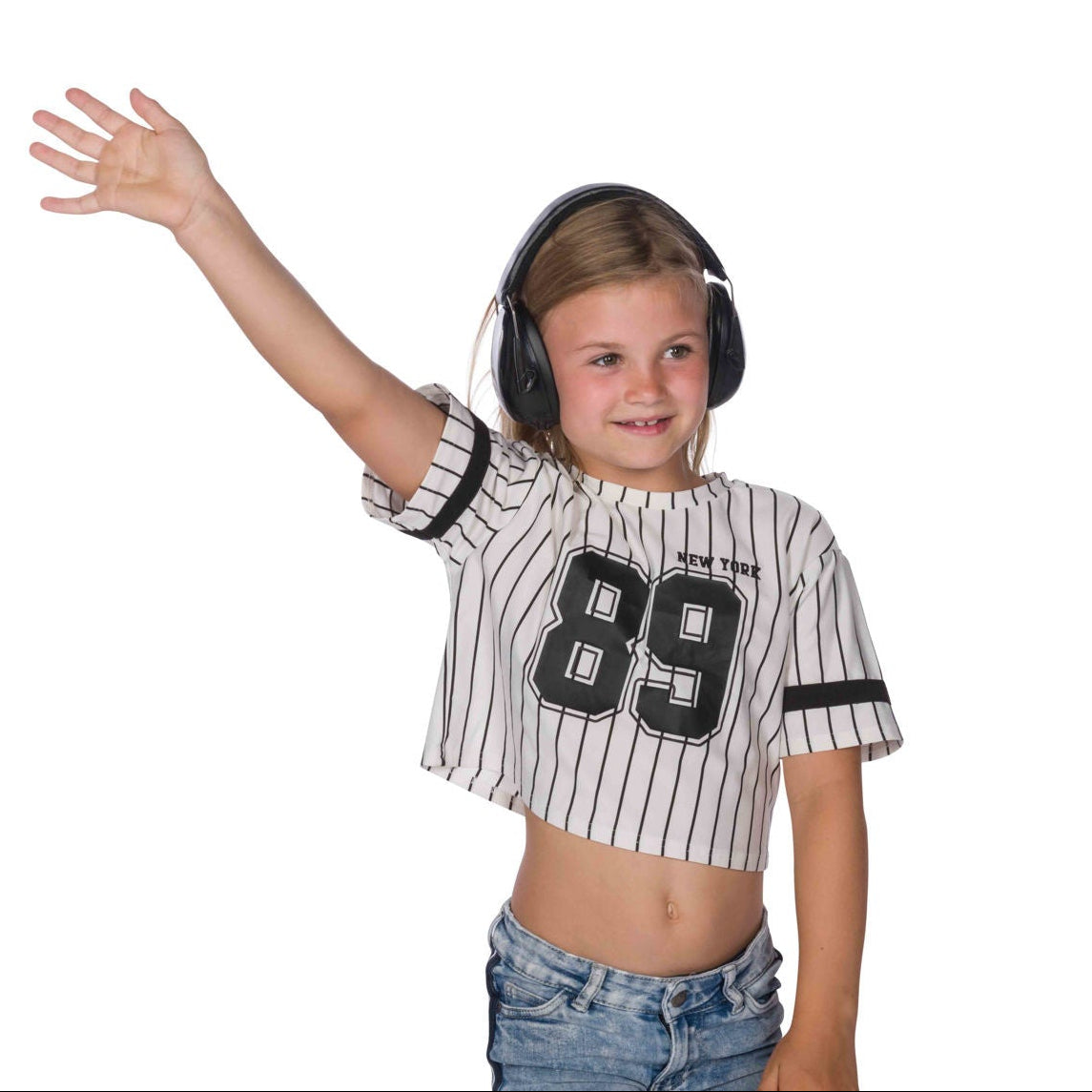 Child wearing a striped sports jersey with the number 89 and headphones on a white background