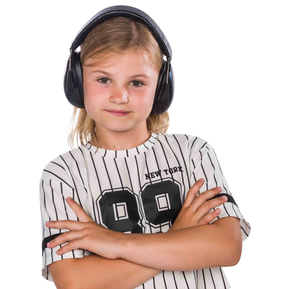 Young girl wearing headphones and a striped shirt with 'New York' text on a white background