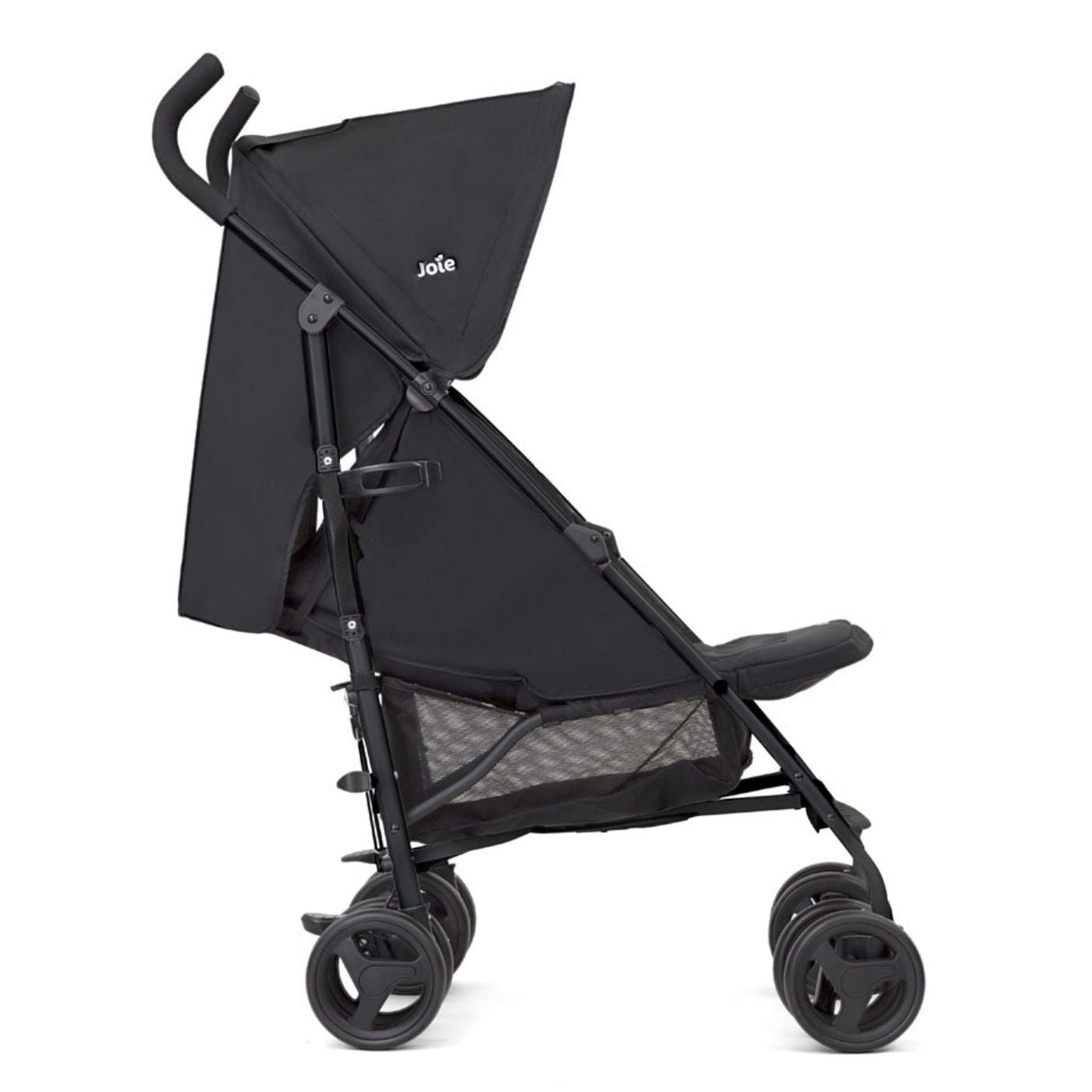 Black stroller with canopy on a white background