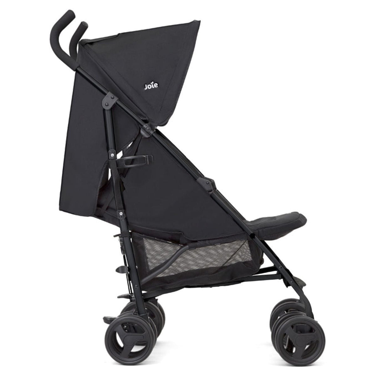 Black stroller with canopy on a white background
