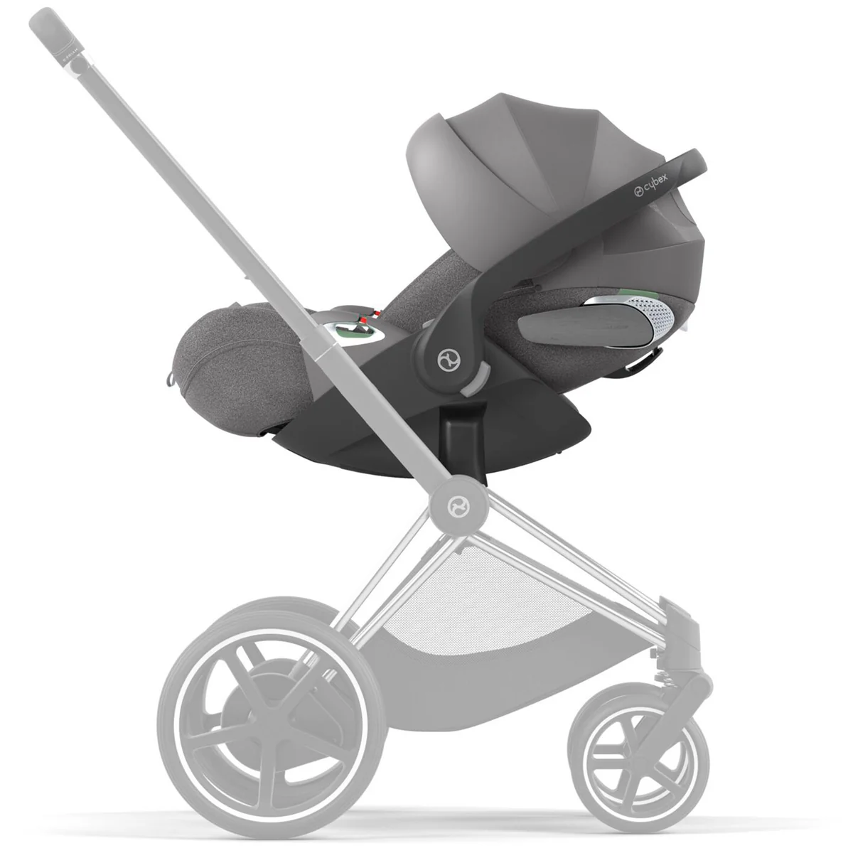 Gray baby stroller with car seat attachment on a white background