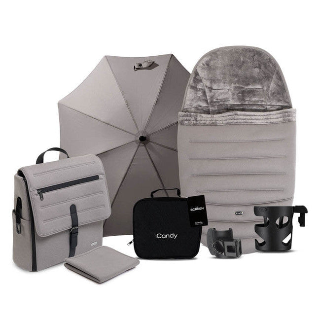 Collection of gray and black bags and umbrellas on a white background