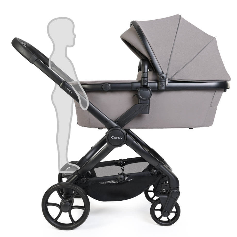 Gray stroller with a silhouette of a child on a white background