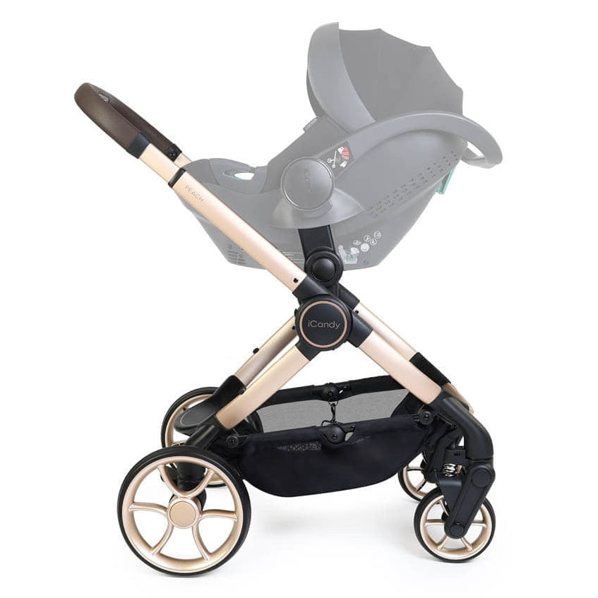 Baby stroller with a car seat attachment on a white background
