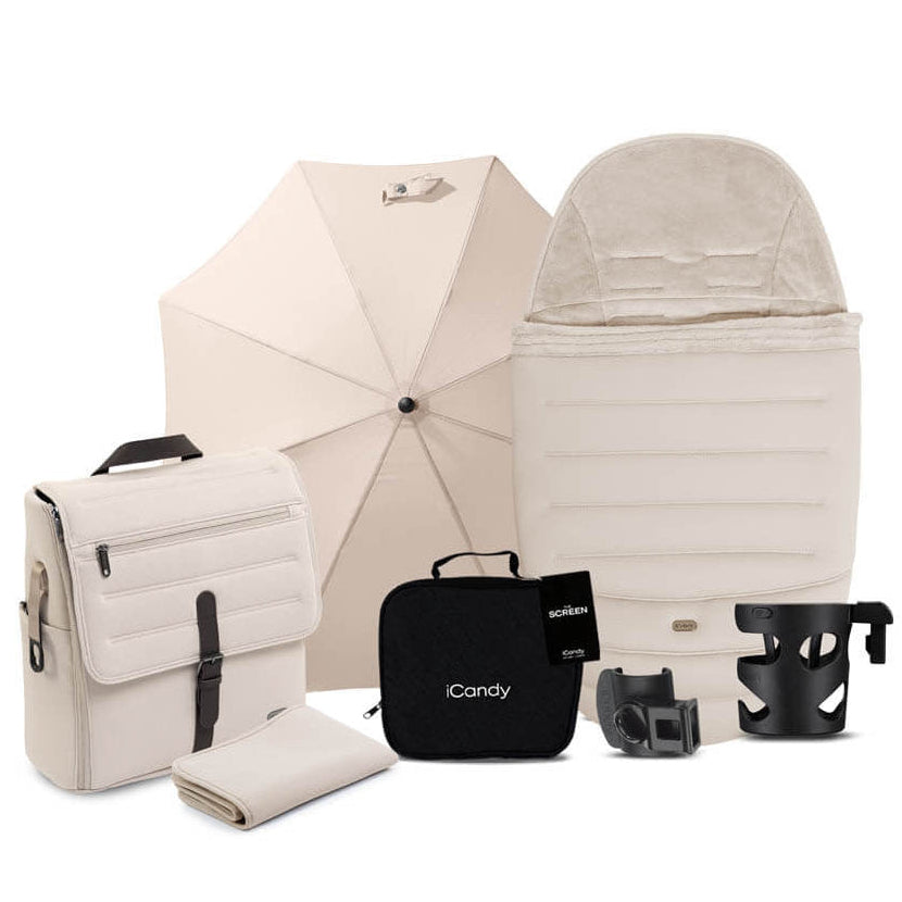 Collection of baby products including an umbrella, bag, and stroller cover on a white background