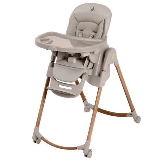 Beige baby high chair with wooden legs on a white background