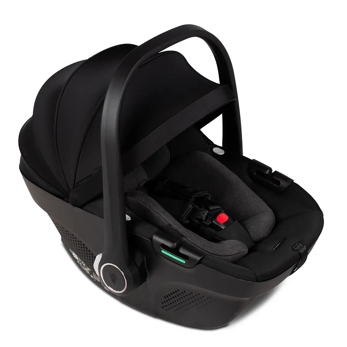 Black baby car seat on a white background