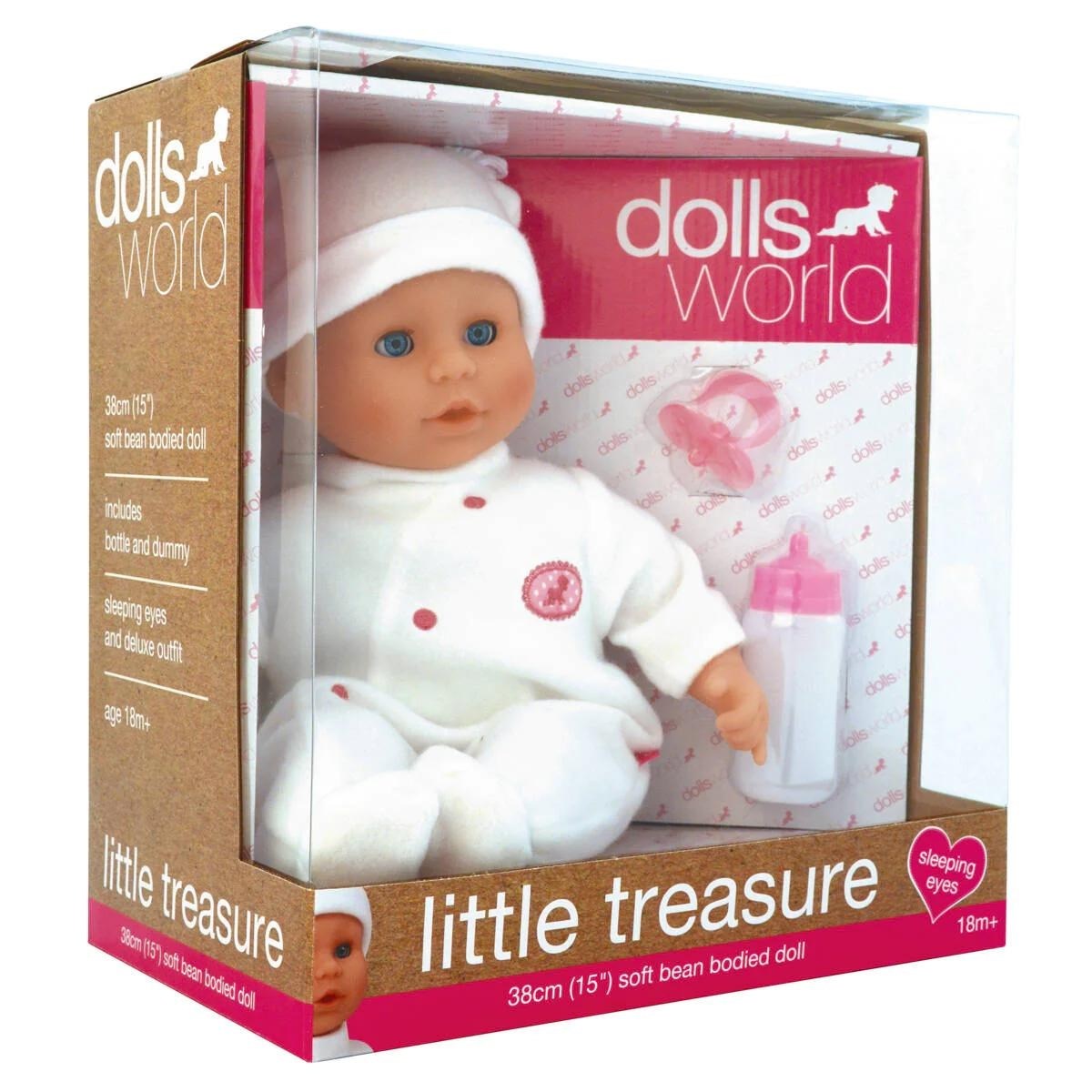 Dolls World Little Treasure 38cm Soft Baby Doll with Deluxe Romper and Accessories