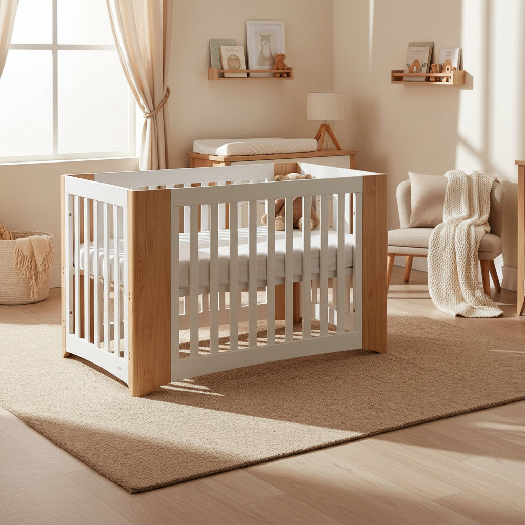 Cocoon Evoluer 4 in 1 Nursery Furniture System - Bassinet, Cot, Toddler Bed & Sofa, White/Natural