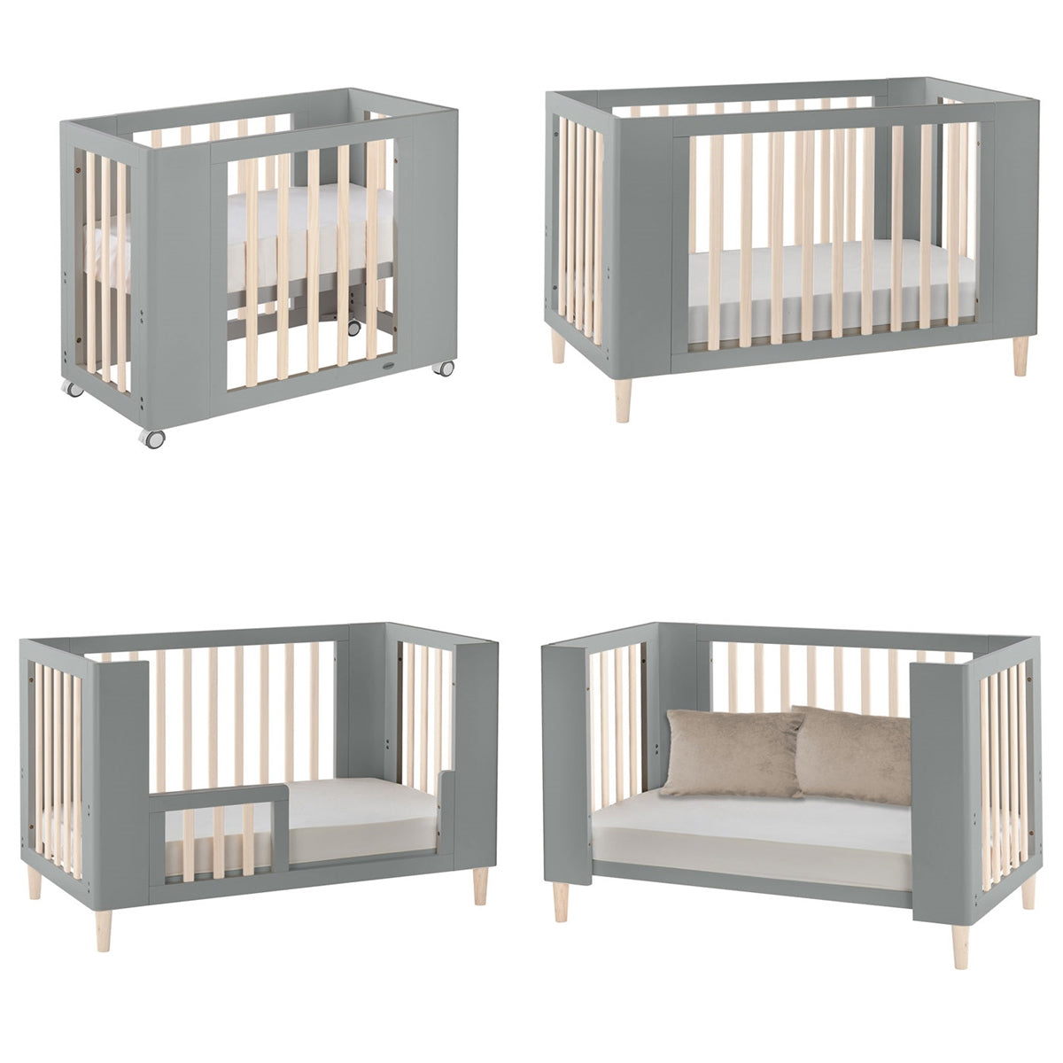 Cocoon Evoke 4-in-1 Cotbed + Change Area Dresser + Mattresses, Dove Grey / Natural Wash