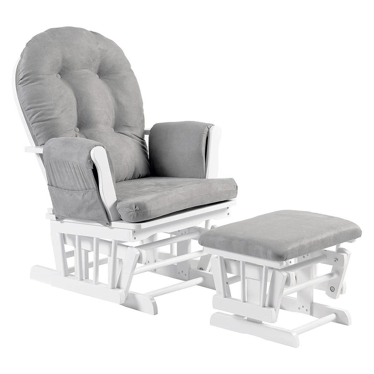 Brompton Baby Nursing Glider & Footstool – Suedette Comfort with Smooth Glide, White / Grey.