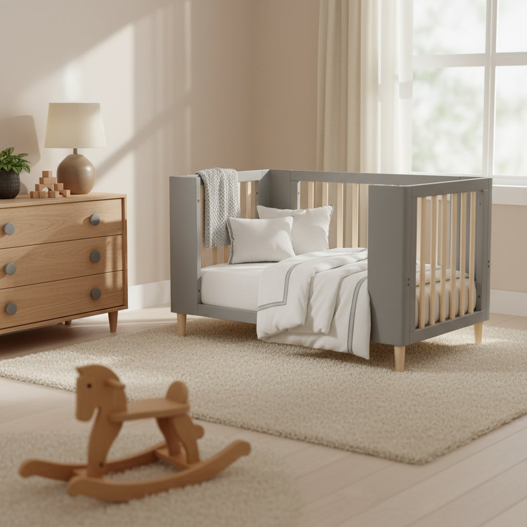 Cocoon Evoke 4 in 1 Nursery Furniture System – Bassinet, Cot, Toddler Bed & Sofa, Dove Grey / Natural Wash