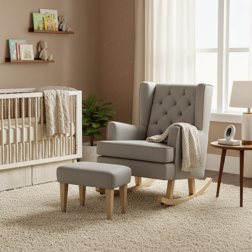 Johnston's Soothe Easy Deluxe Nursing Chair & Rocker with Foot Stool, Grey / Beechwood