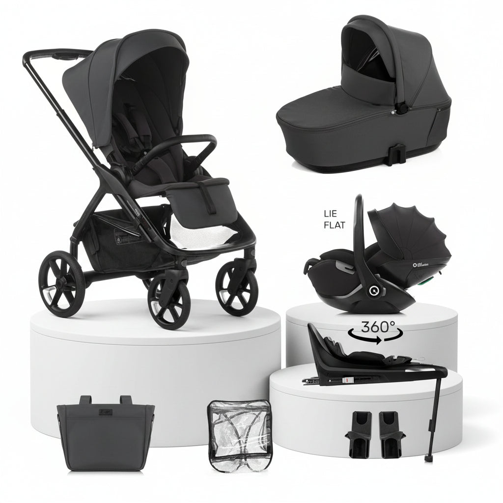 Black baby stroller and car seat set with multiple views on a white background