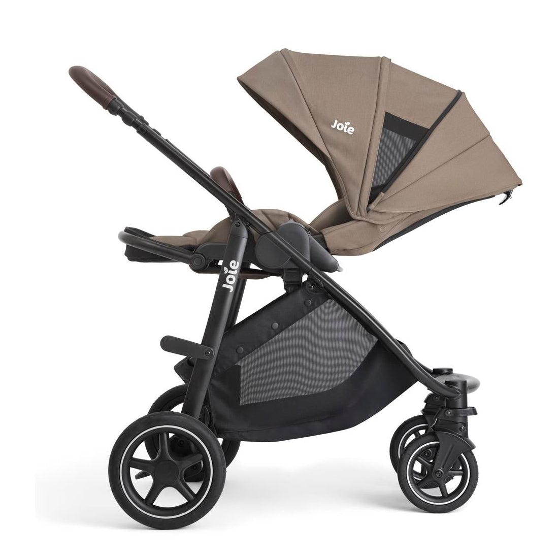 A Jole double stroller and bassinet combo in taupe and black, shown from a side profile on a clean white background.