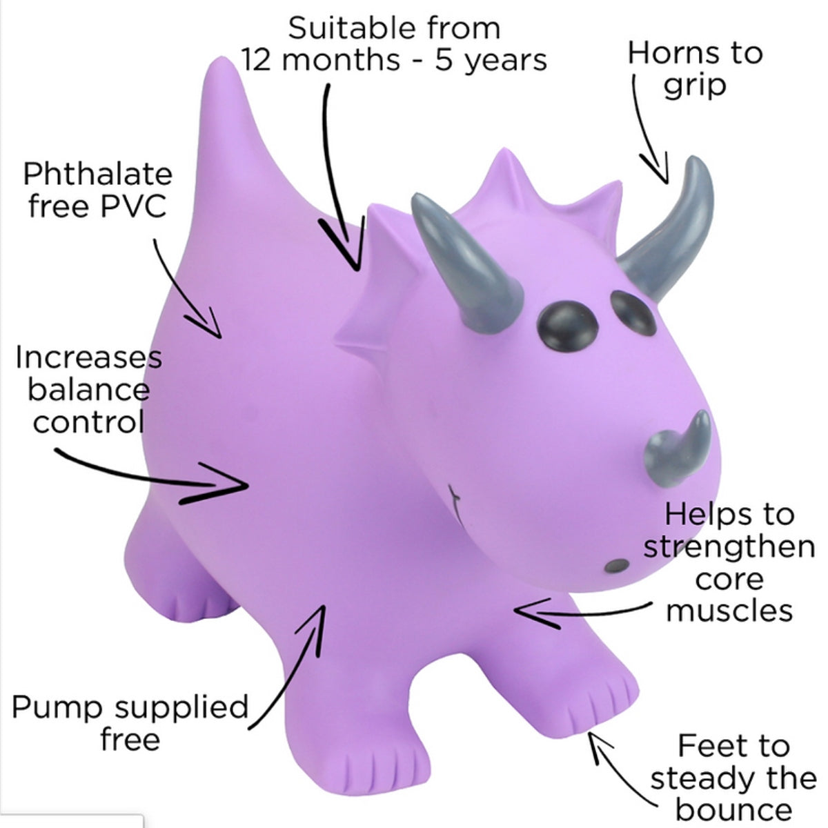Happy Hopperz Purple Triceratops Inflatable Bouncy Animal Ride-On Toy