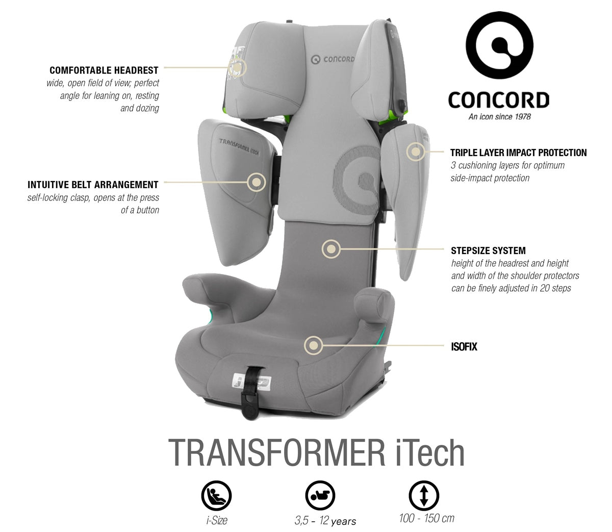 Concord Transformer iTech i-Size Car Seat, 100-150cm, 3.5-12 years
