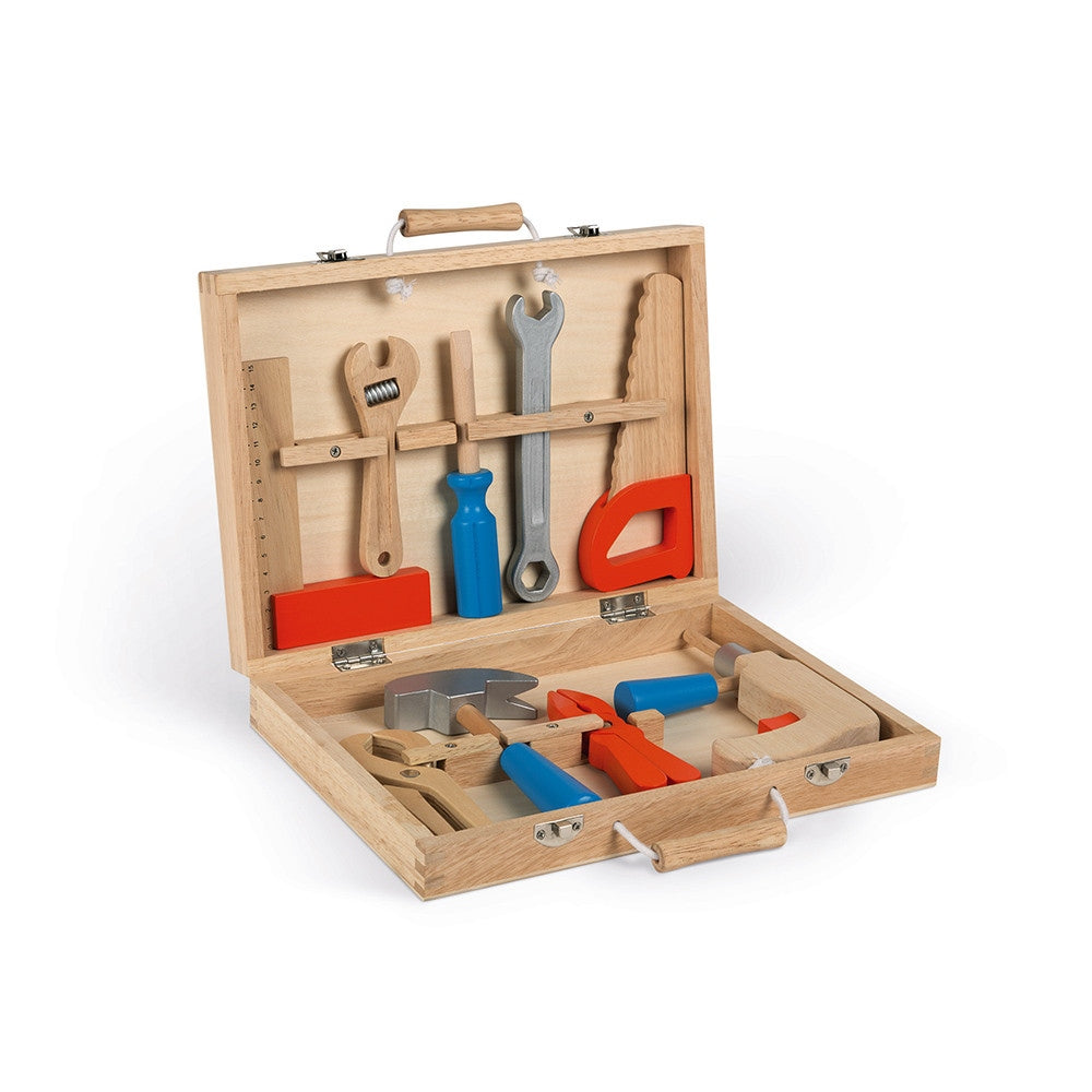 Janod Brico'Kids Wooden DIY Tool Box for Kids + 9 Imitation Toy tools