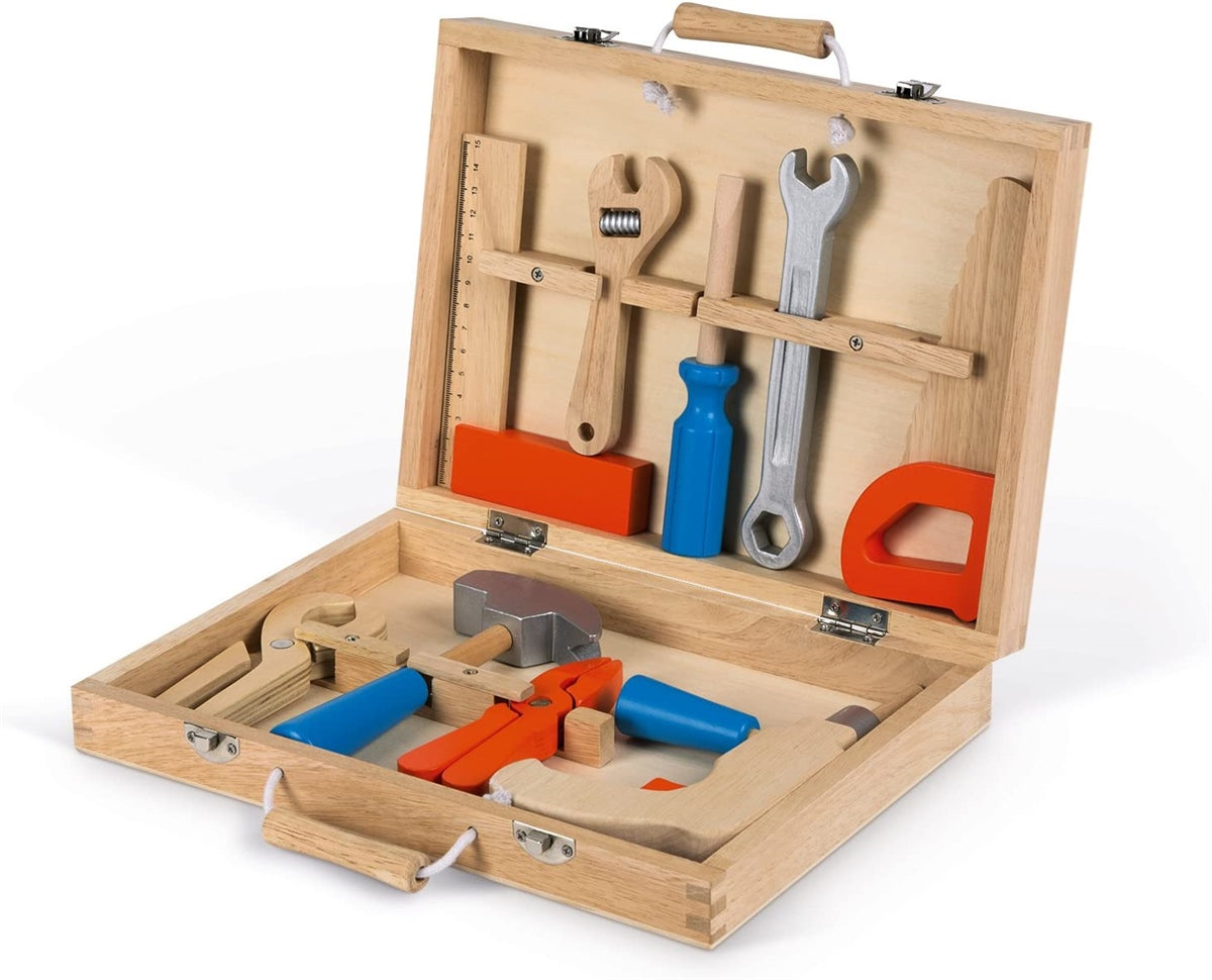 Janod Brico'Kids Wooden DIY Tool Box for Kids + 9 Imitation Toy tools