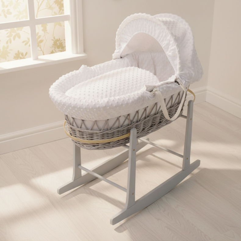 Cuddles Collection Grey Wicker Moses Basket, White Dimples
