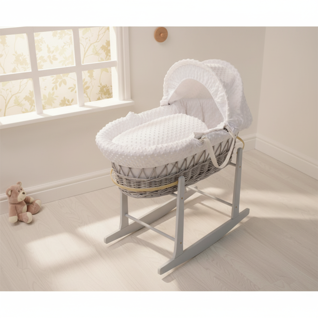 Cuddles Collection Grey Wicker Moses Basket, White Dimples