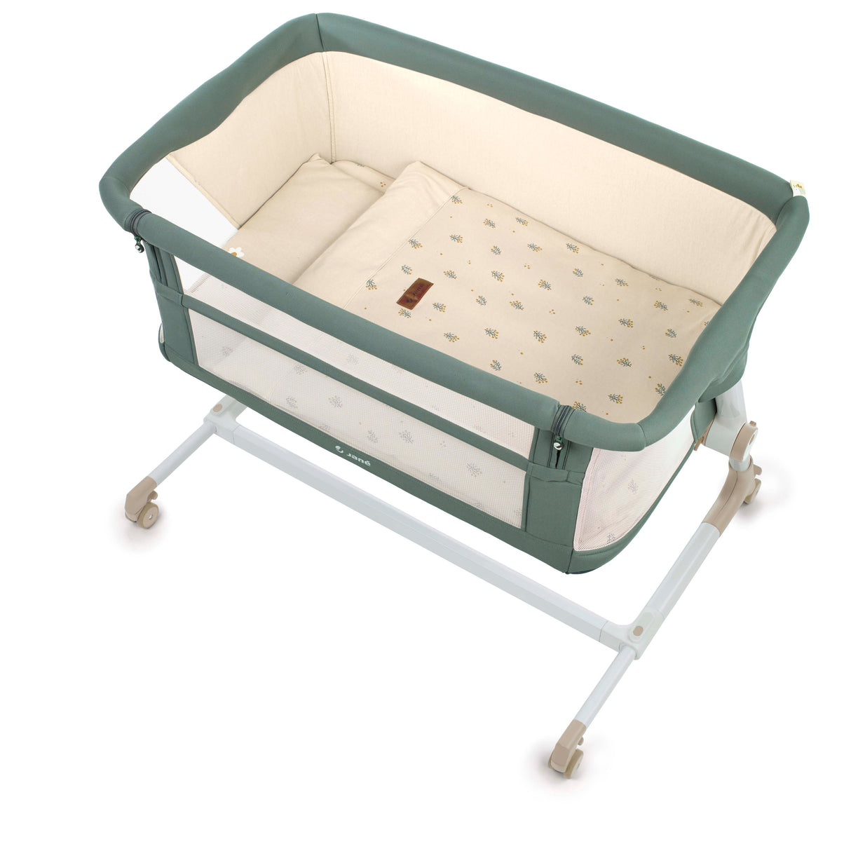 Jane Baby Side Crib + 4 Piece Bedding Set & Safety Mattress, Nature Edition