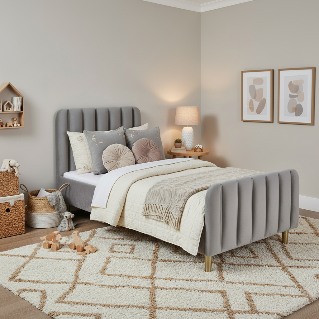 Obaby Gatsby Velvet Single Bed with Gold Legs – Luxury Low-Profile Bed for Kids, Grey