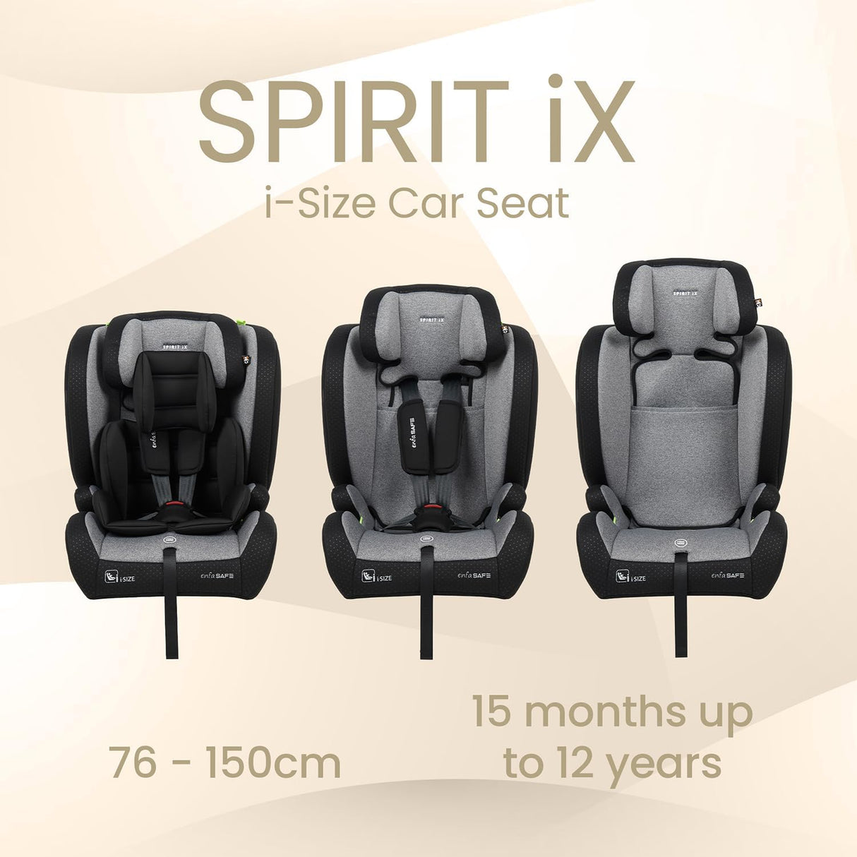 Enfasafe Spirit IX iSize Car Seat, 74-150 cm, 15m-12 years, Black / Grey