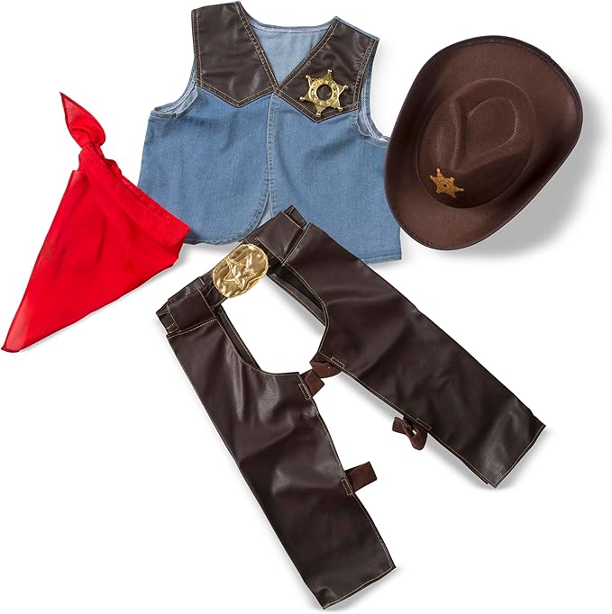 Melissa & Doug Cowboy Role Play Costume Set (5 pcs) - Includes Faux Leather Chaps - Cowboy Dress-Up Role Play Costume with Vest for Boys and Girls 3-5 years