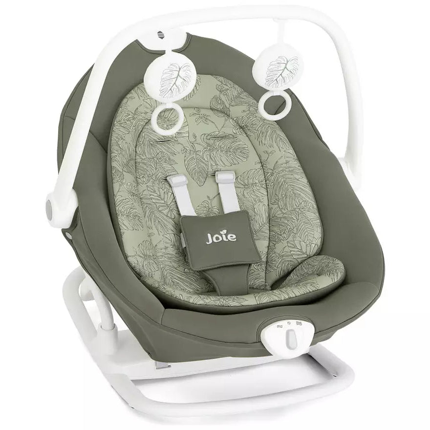 A JoTe baby seat with a white frame and a sage green patterned cushion, shown against a plain white background.