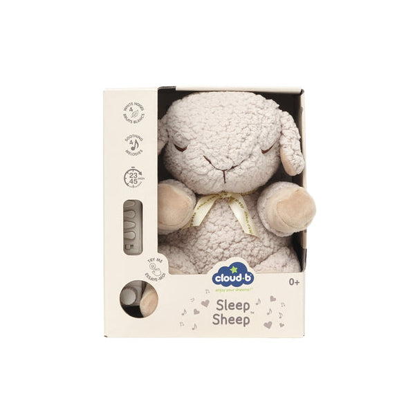 Plush toy sheep in a box with 'cloud b' branding on a white background