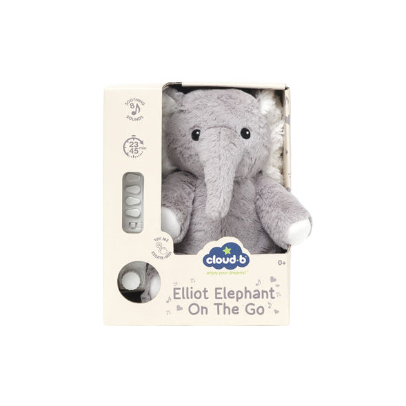 Plush elephant toy in packaging with Cloud b branding on a white background