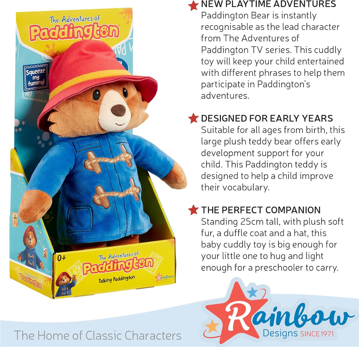 Rainbow Designs Paddington Bear Talking Soft Toy Teddy for Babies and Toddlers, 25cm